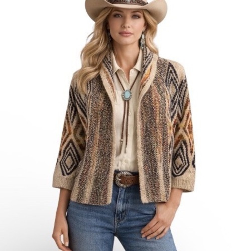 Woven Heart‎ Southwestern Geometric Shawl Collar Cardigan Sweater Tribal Size 14